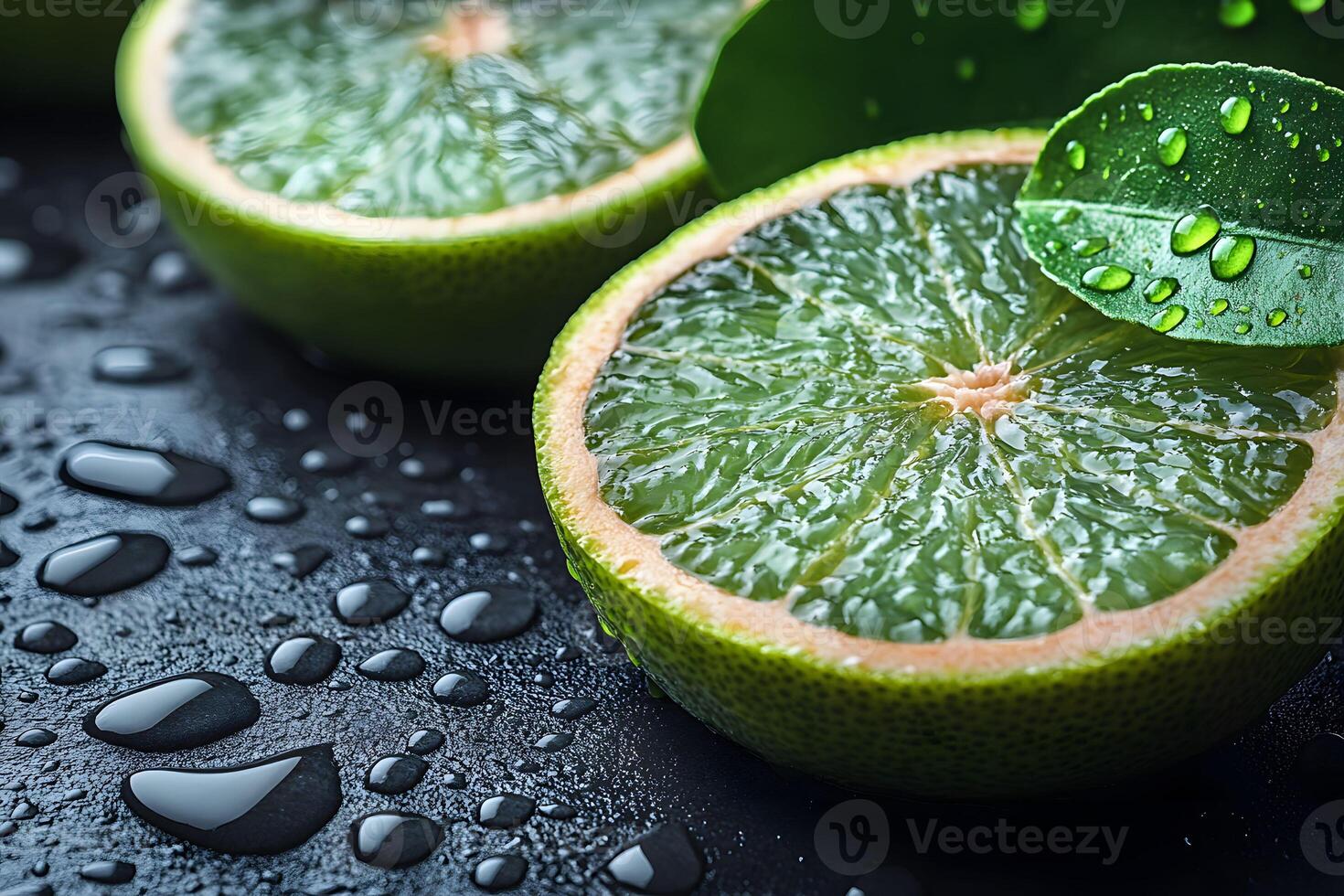 Fresh Limes with Water Droplets on Dark Background for Culinary Design and Refreshing Concepts photo