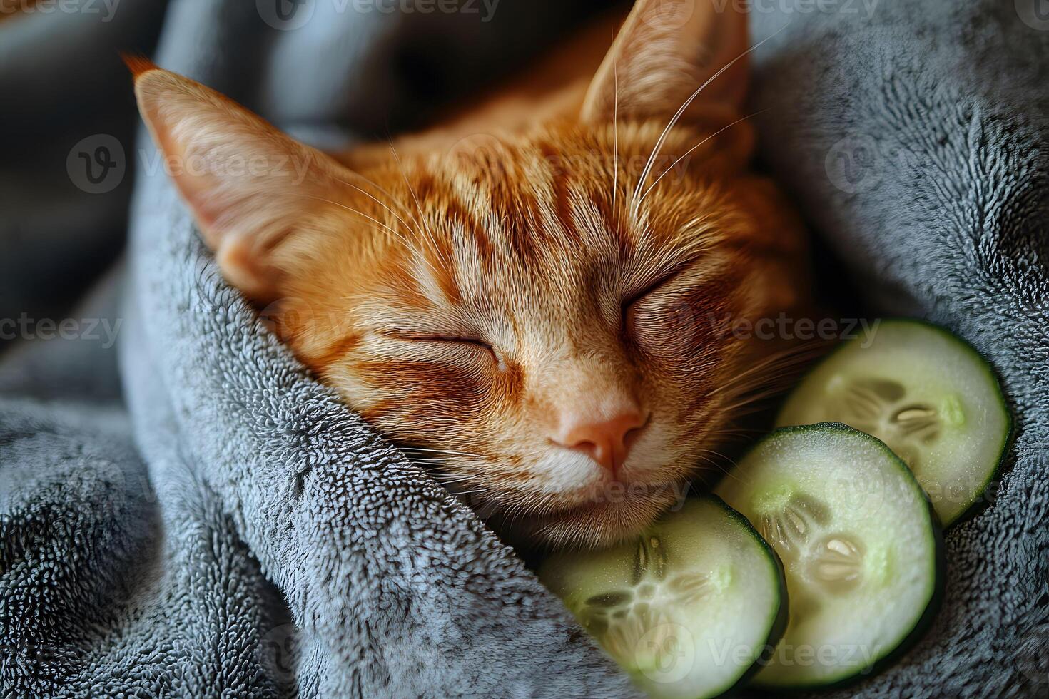 Cozy Cat Relaxation with Cucumber Slices for Spa Day Comfort and Calm photo
