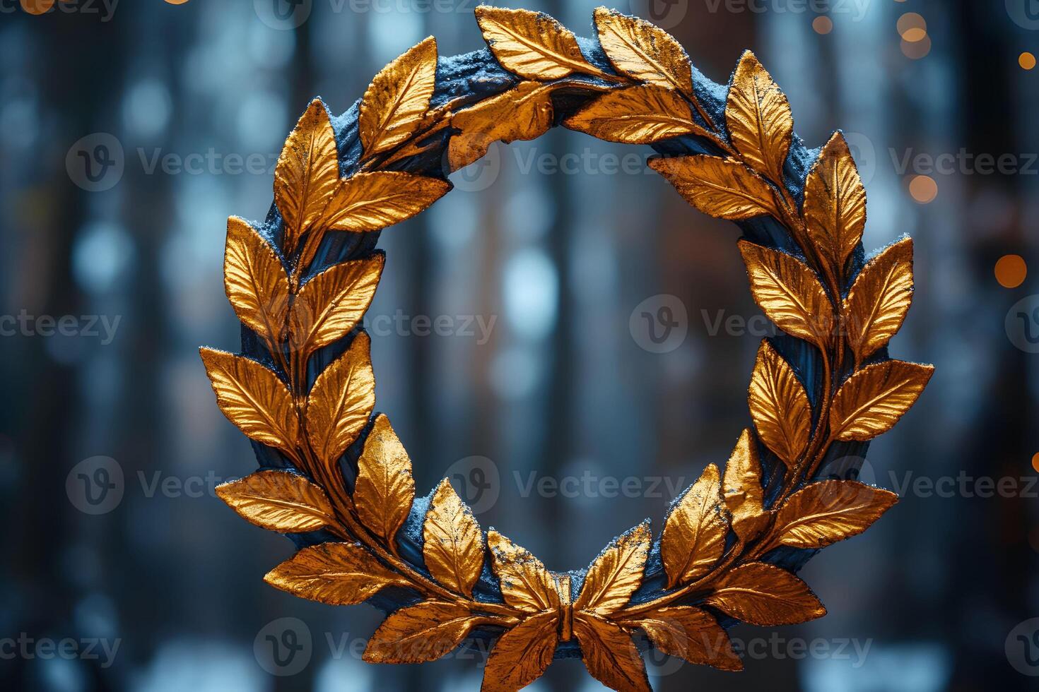 Golden Laurel Wreath in Winter Forest - Festive Holiday Decoration for Seasonal Design photo