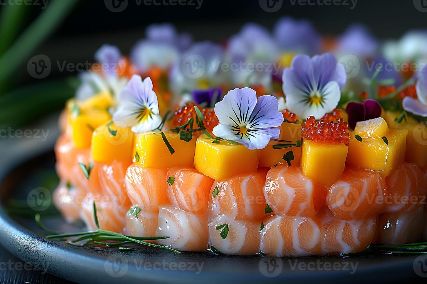 Elegant Salmon and Mango Tartare with Edible Flowers for Fine Dining Presentation photo