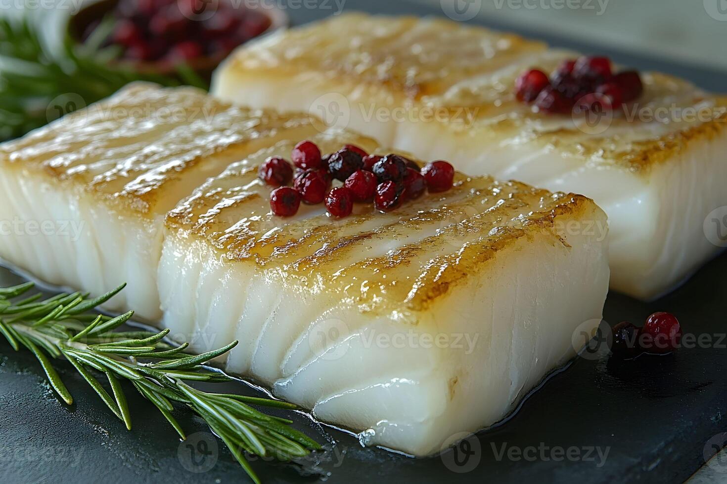 Gourmet Grilled Cod Fish with Fresh Herbs and Red Pepper Garnish photo