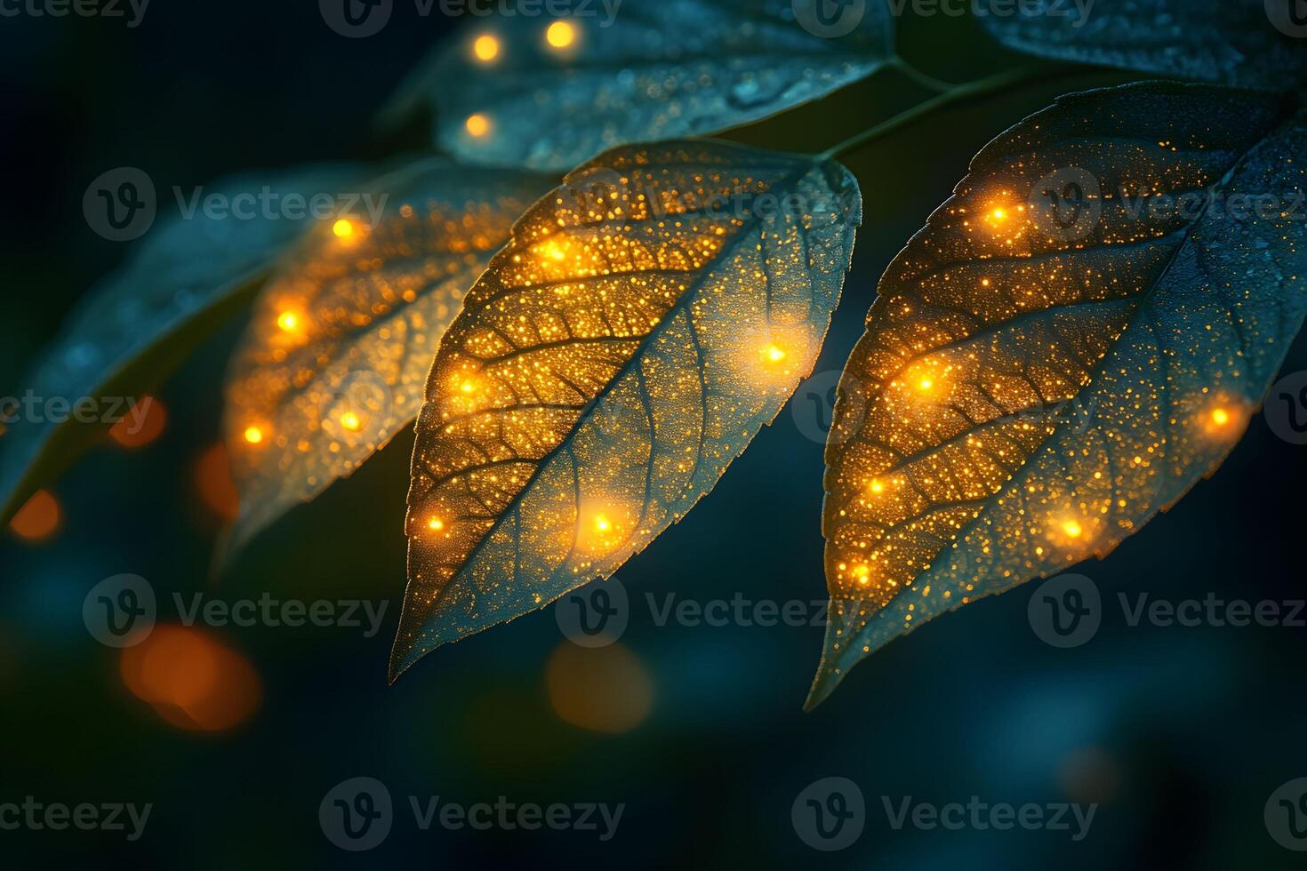 Glowing Leaves with Golden Sparkles in a Mystical Night Scene photo