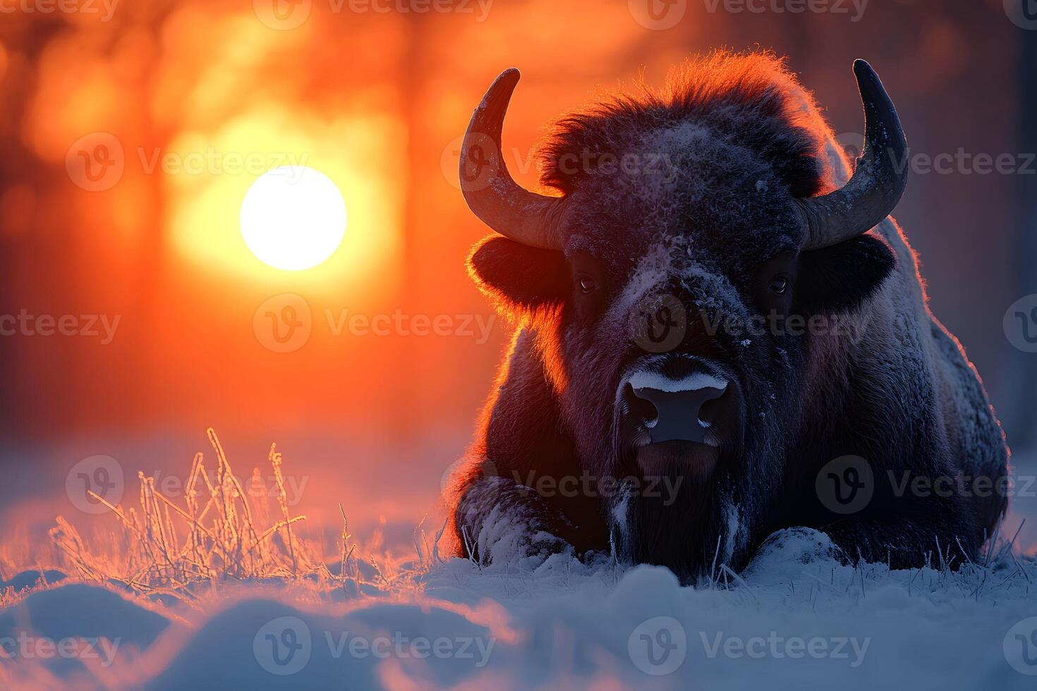 Majestic Bison in a Winter Sunset Scene for Wildlife Art Prints and Posters photo