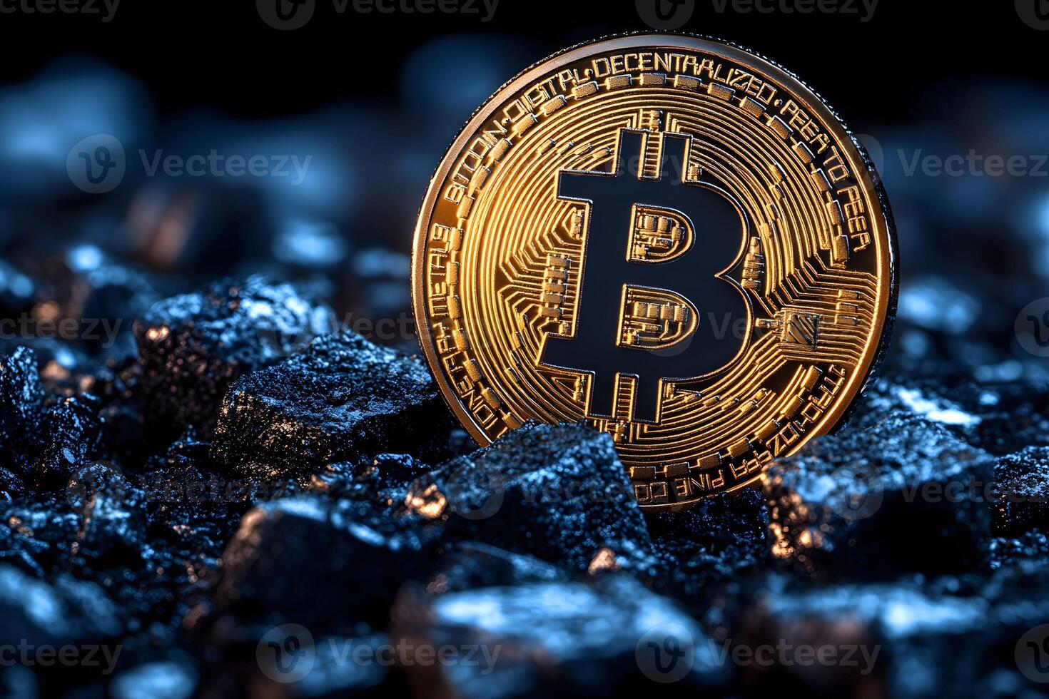 Bitcoin Cryptocurrency Coin on Shiny Black Rocks - Digital Currency, Blockchain Concept photo