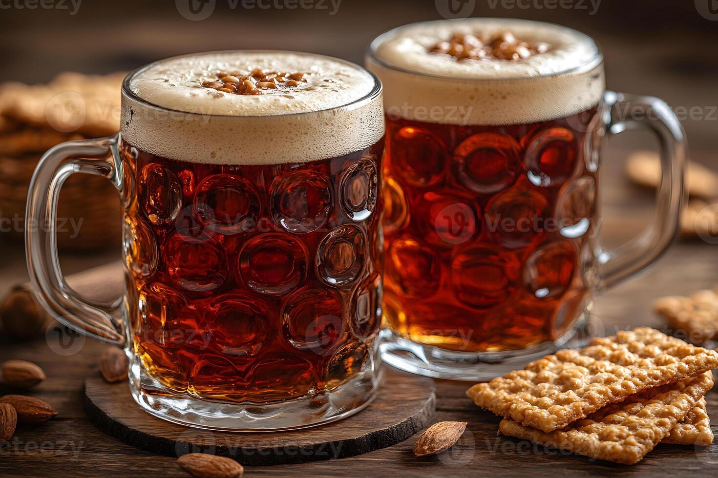 Rustic Beer Scene with Traditional Mugs and Crackers - Oktoberfest Vibes photo