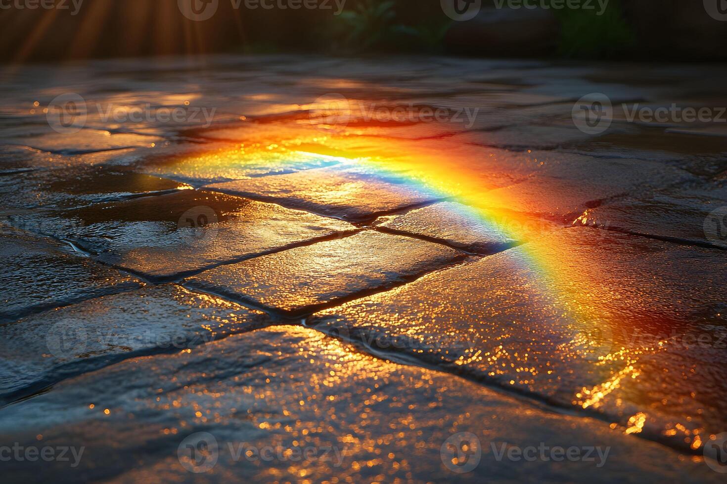 Vibrant Rainbow Reflections on Wet Cobblestone Pathway at Sunset photo