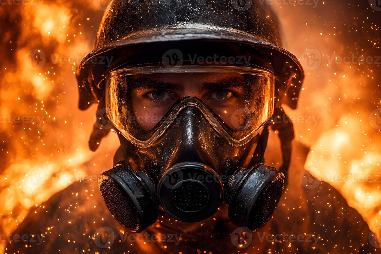 Courageous Firefighter Amidst Flames in Protective Gear and Mask for Safety and Rescue photo