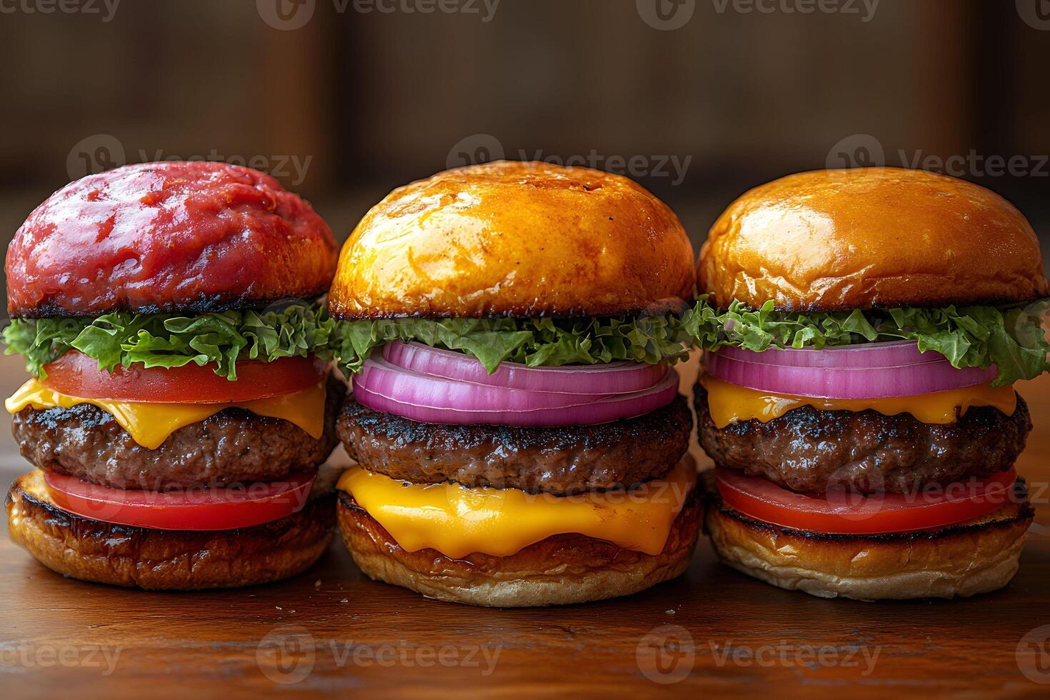 Gourmet Burger Trio Juicy Beef Patties with Cheddar, Lettuce, and Onions for Culinary Inspiration photo