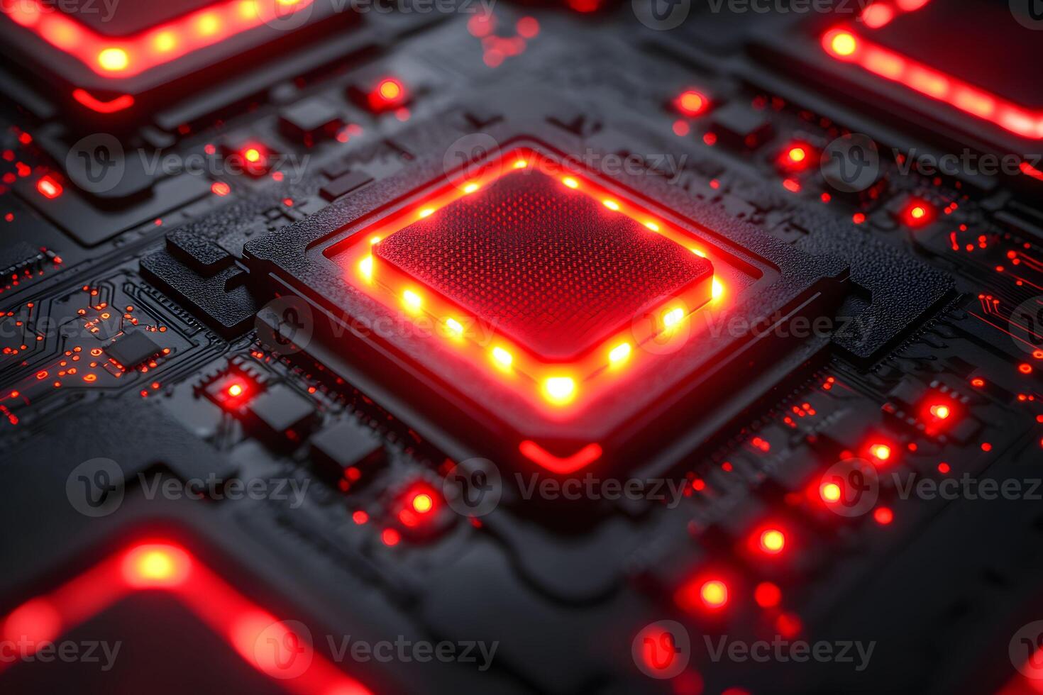 Futuristic Technology Concept with Red Illuminated Circuit Board for Tech Innovation Design photo