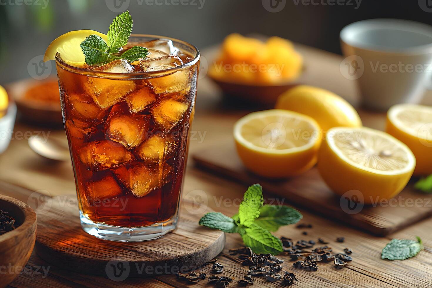 Refreshing Iced Tea with Lemon and Mint for a Summer Beverage Concept photo