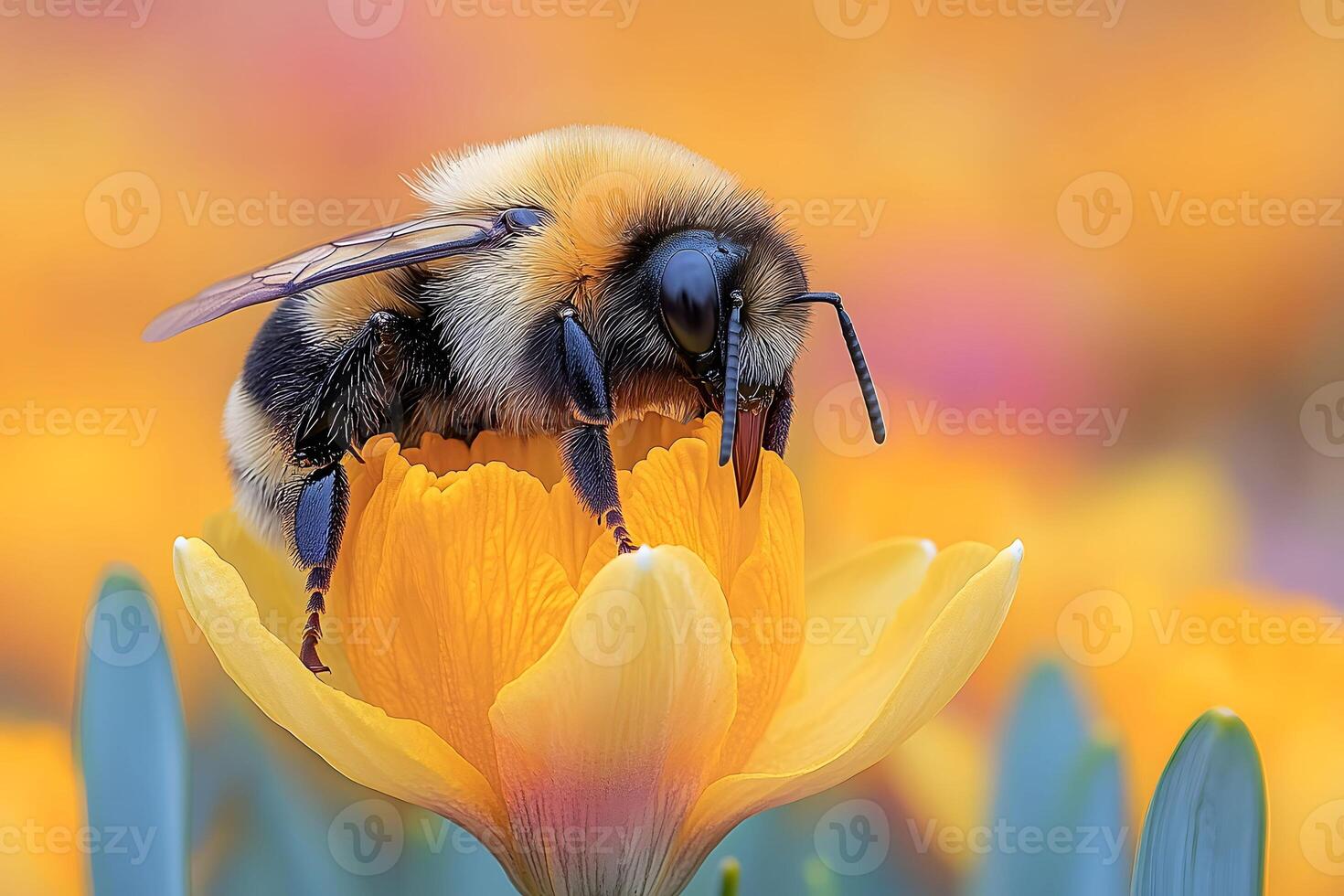 Bumblebee on Vibrant Yellow Flower in Sunlit Garden Nature's Pollinator in Springtime photo