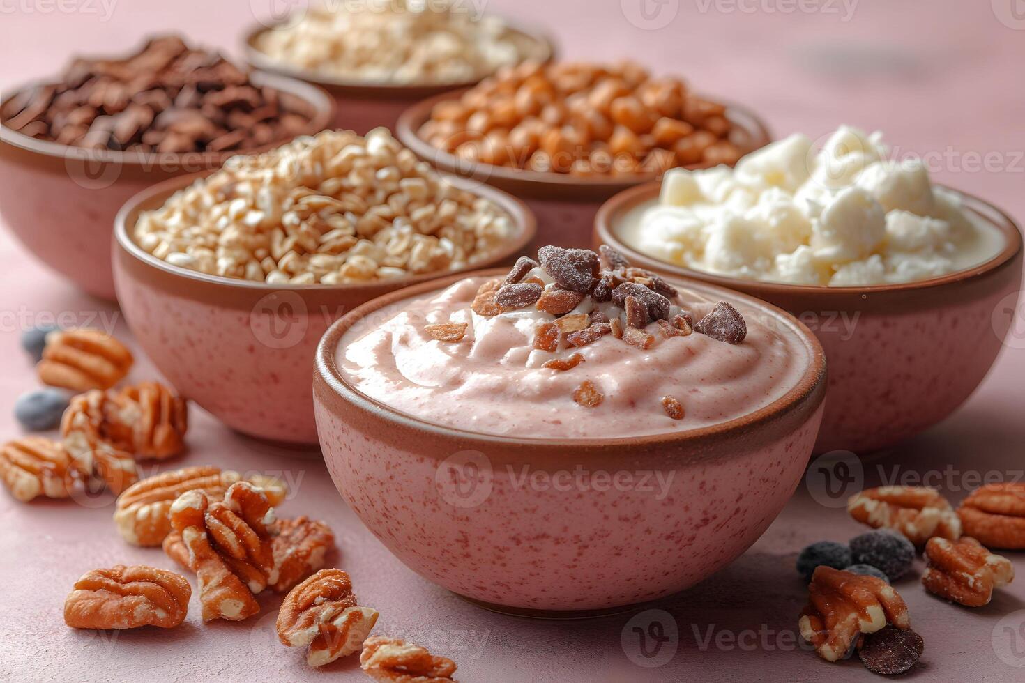 Assorted Yogurt Toppings with Nuts and Cereals for a Healthy Breakfast Concept photo
