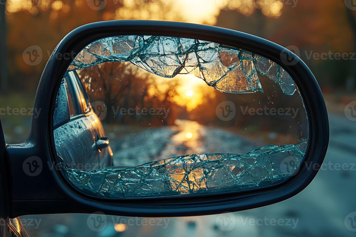 Broken Side Mirror Reflecting Autumn Sunset on Rural Road photo