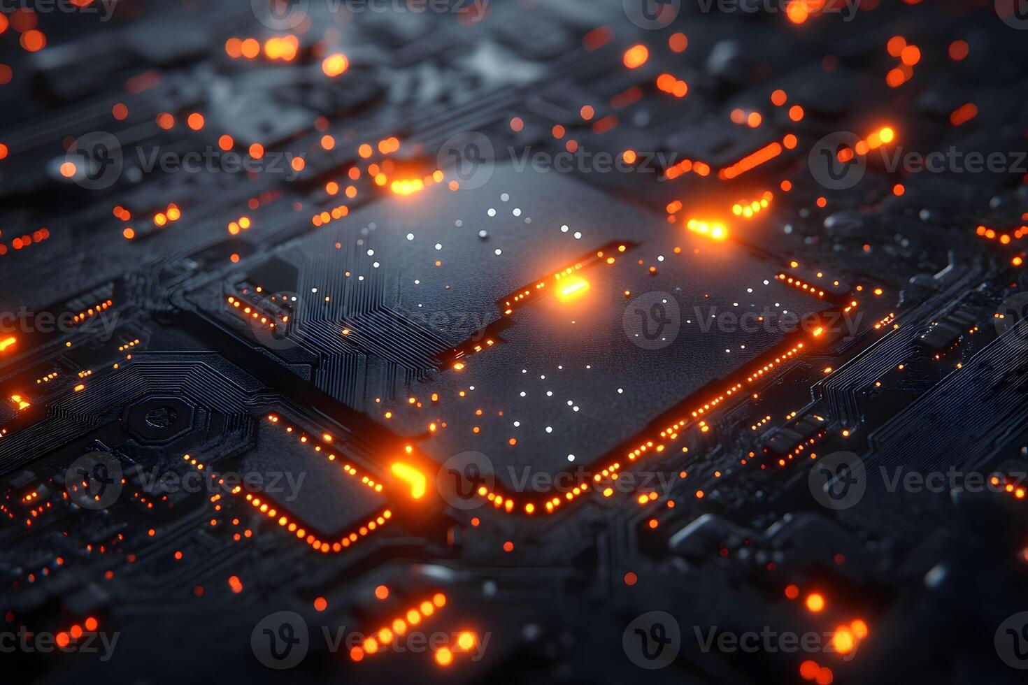 Futuristic Circuit Board Design with Glowing Microchip Elements for Technology Visualization photo