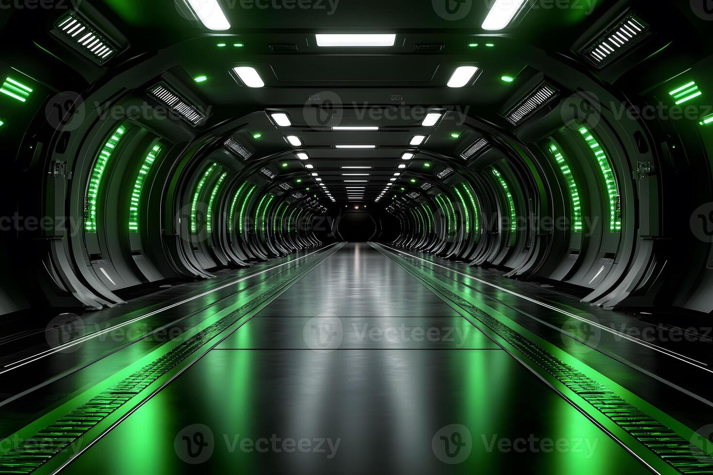 Futuristic Sci-Fi Space Station Corridor with Green LED Lighting for Digital Design and Virtual Reality Projects photo