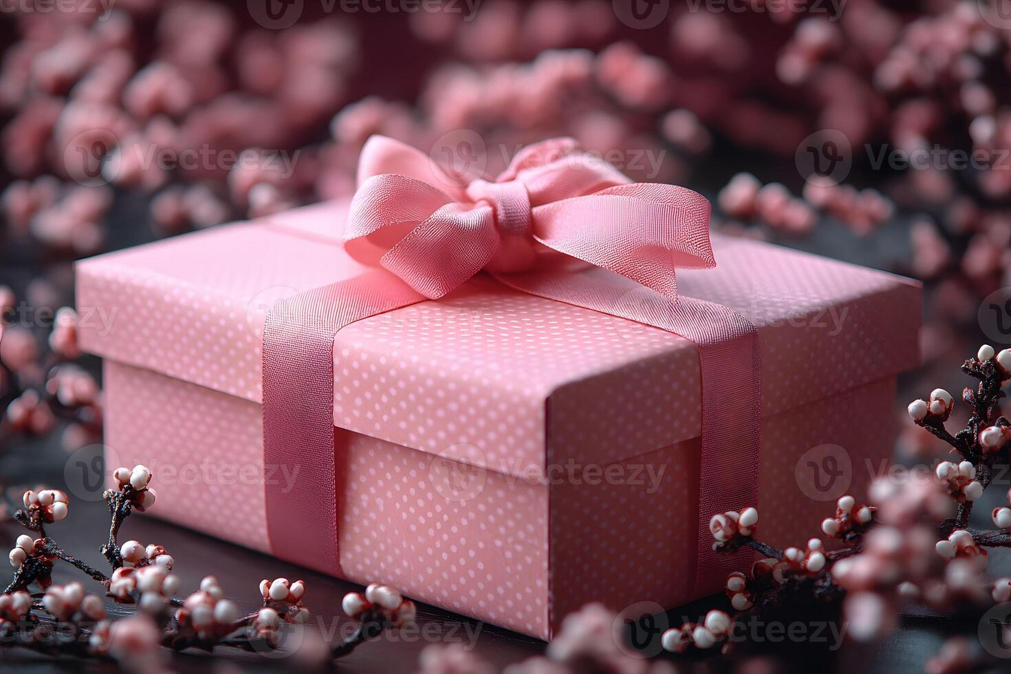 Elegant Pink Gift Box with Bow amidst Blossoming Cherry Branches for Celebratory Occasions photo