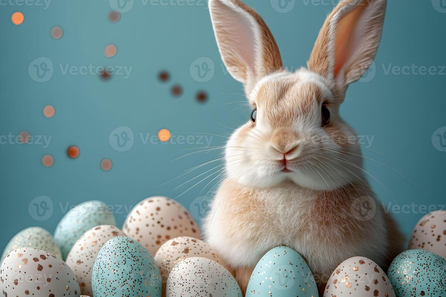 Adorable Bunny with Speckled Easter Eggs in a Festive Spring Setting photo
