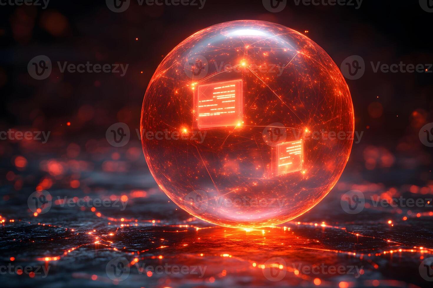 Futuristic Digital Technology Sphere with Glowing Code on Networks photo