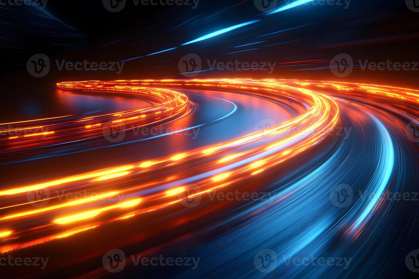 Futuristic Neon Light Trails on Curved Road - Dynamic and Energetic Motion Concept photo