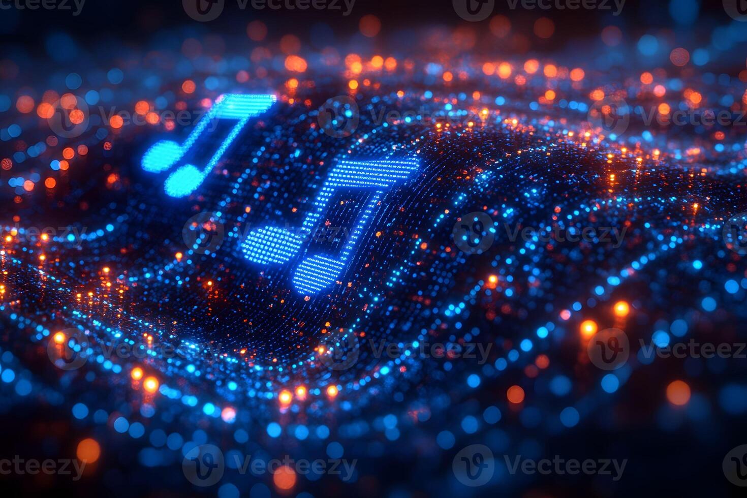 Futuristic Digital Music Concept with Glowing Neon Notes in a Virtual Landscape photo