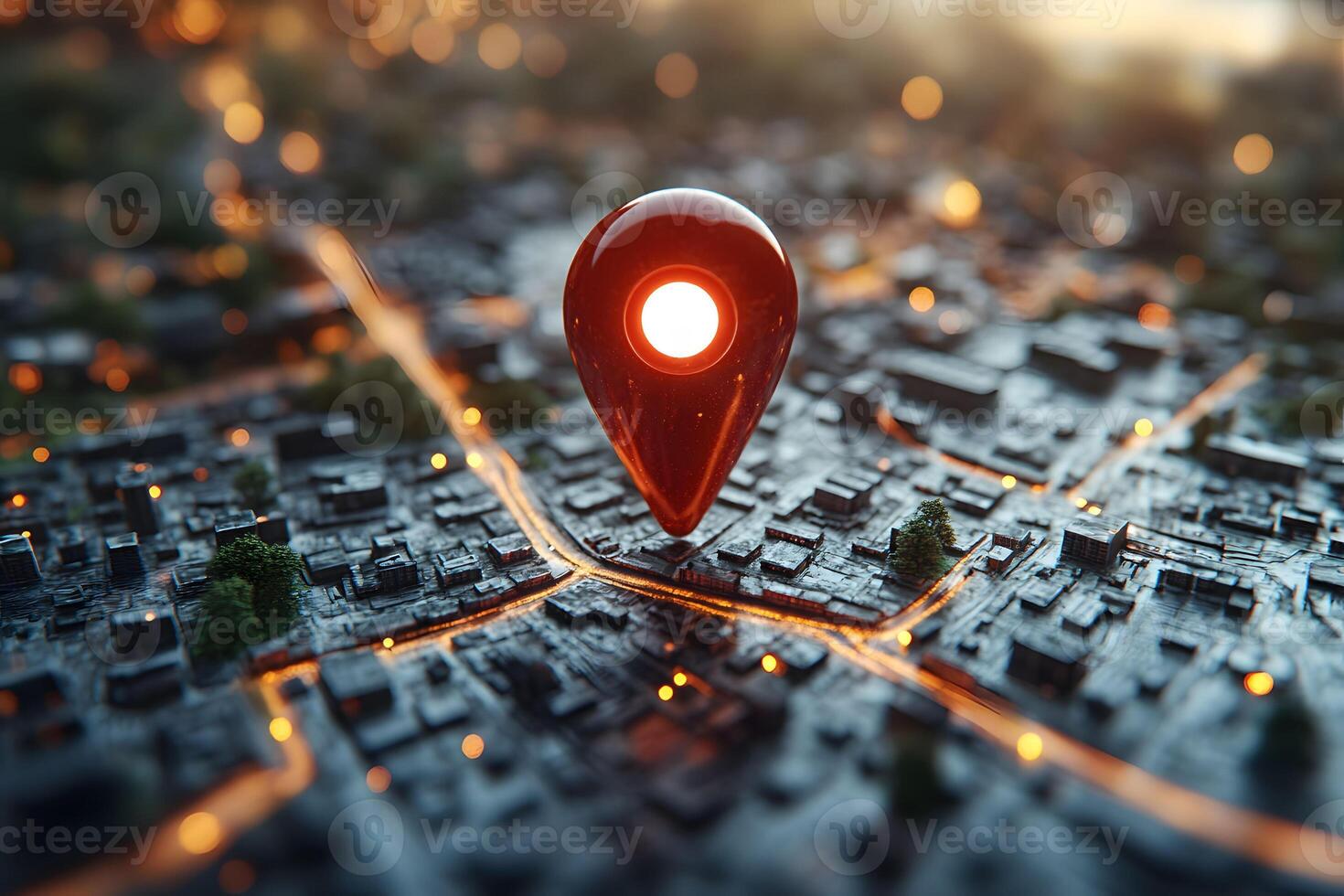 3D Location Pin on Miniature City Map for Navigation and Technology Concept photo