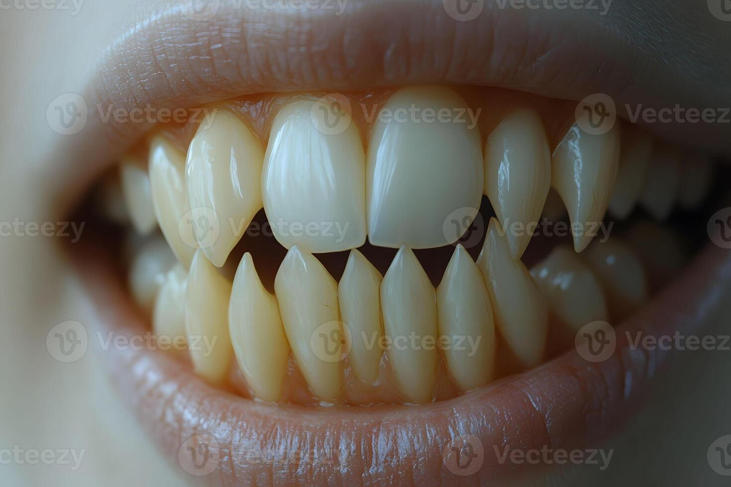 Close-Up of Sharp Teeth in a Human Mouth for Halloween or Horror Concepts photo