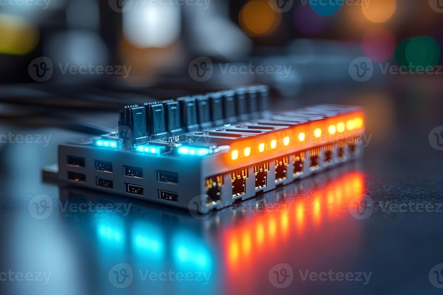 Futuristic Technology Circuit Board with Vibrant LED Lights for Tech Design photo