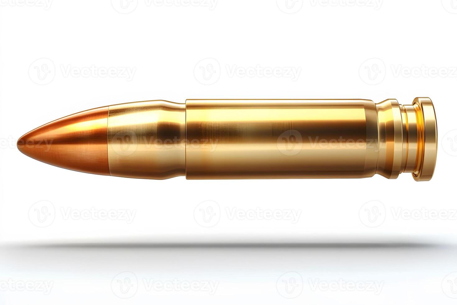 Close-Up of Shiny Brass Bullet on White Background for Ammunition Design photo
