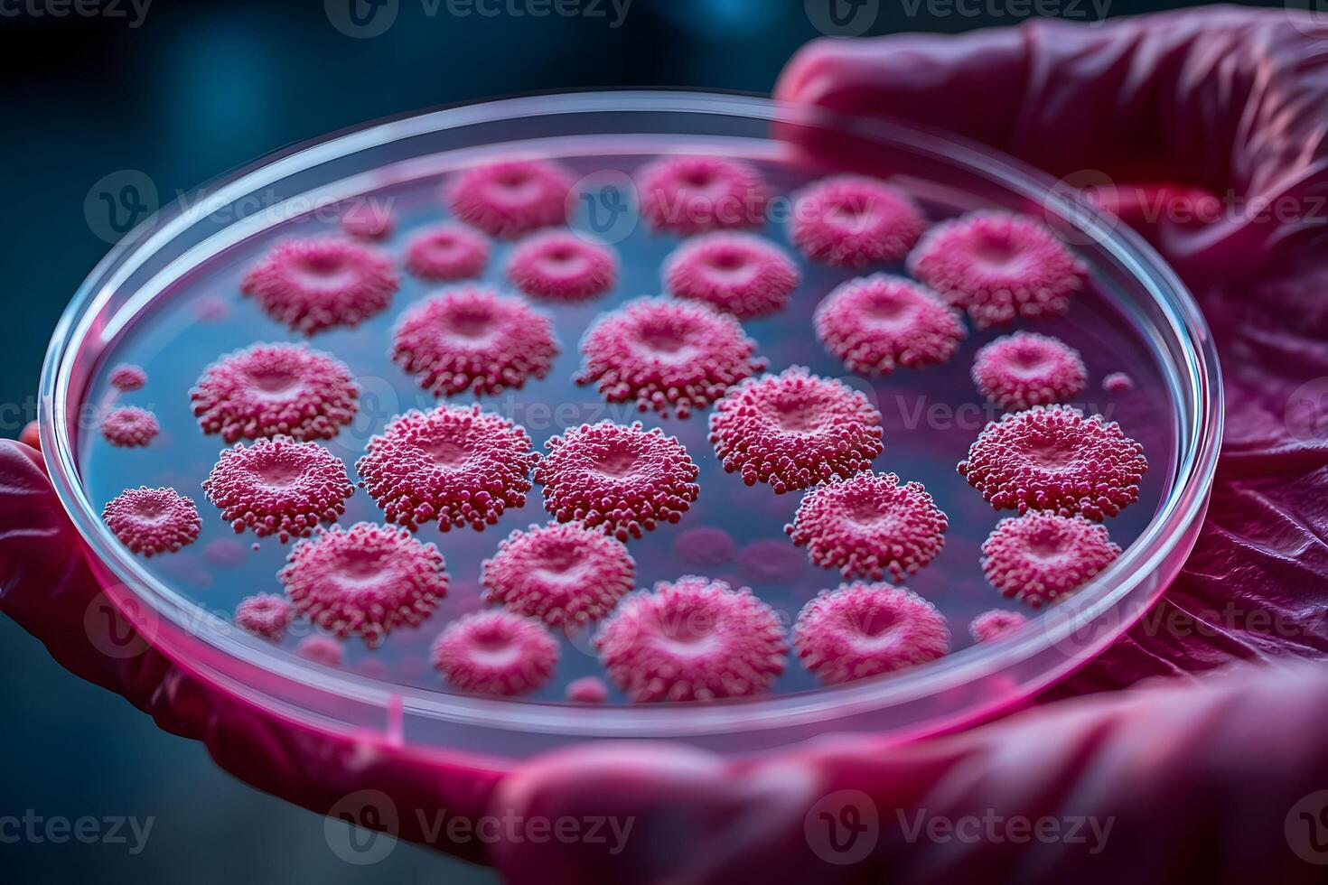 Petri Dish with Red Cultures Microbiology Study in a Laboratory Setting photo