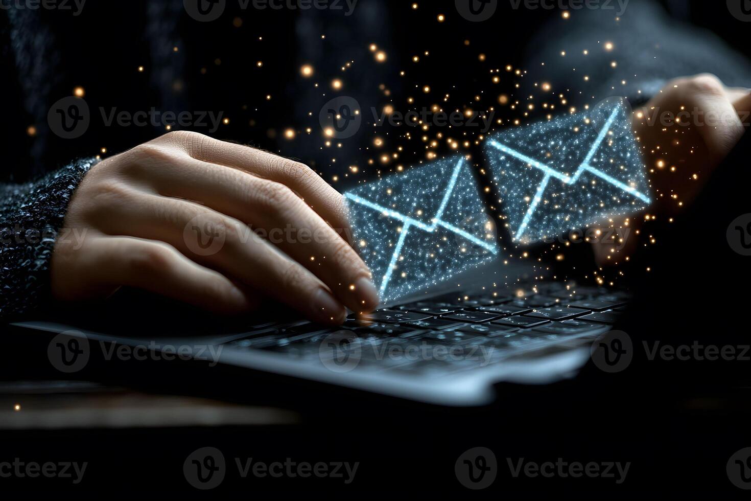 Digital Communication Concept with Futuristic Email Icons on Laptop Keyboard photo