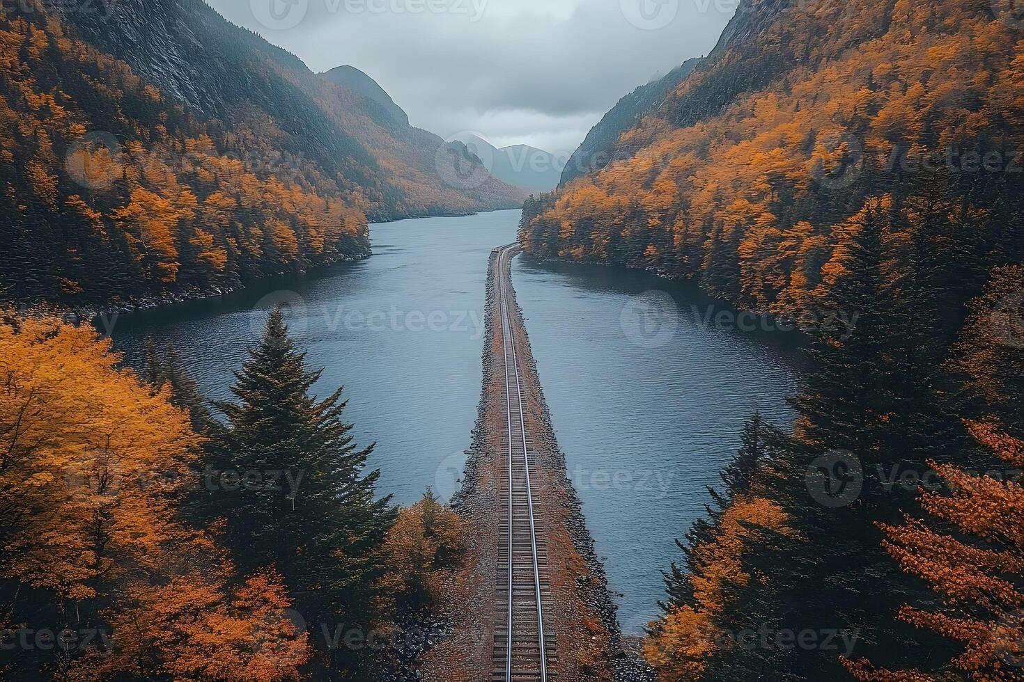 Autumn Landscape with Railroad Amidst Mountainous Lake and Fall Foliage photo