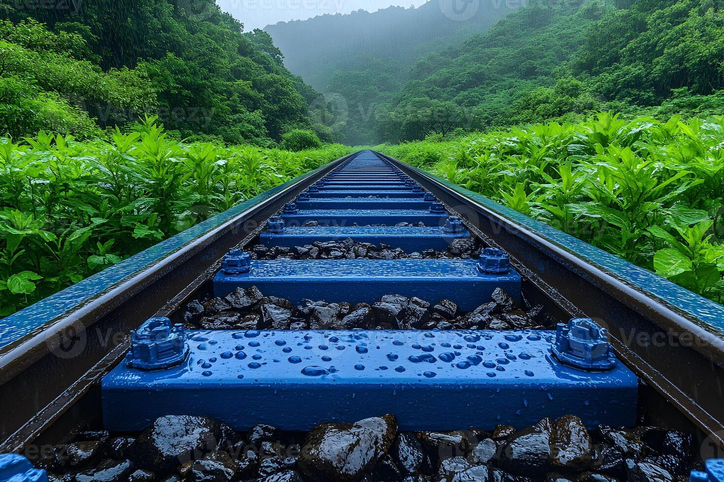Rainy Day Railroad Tracks Through Lush Green Forest photo