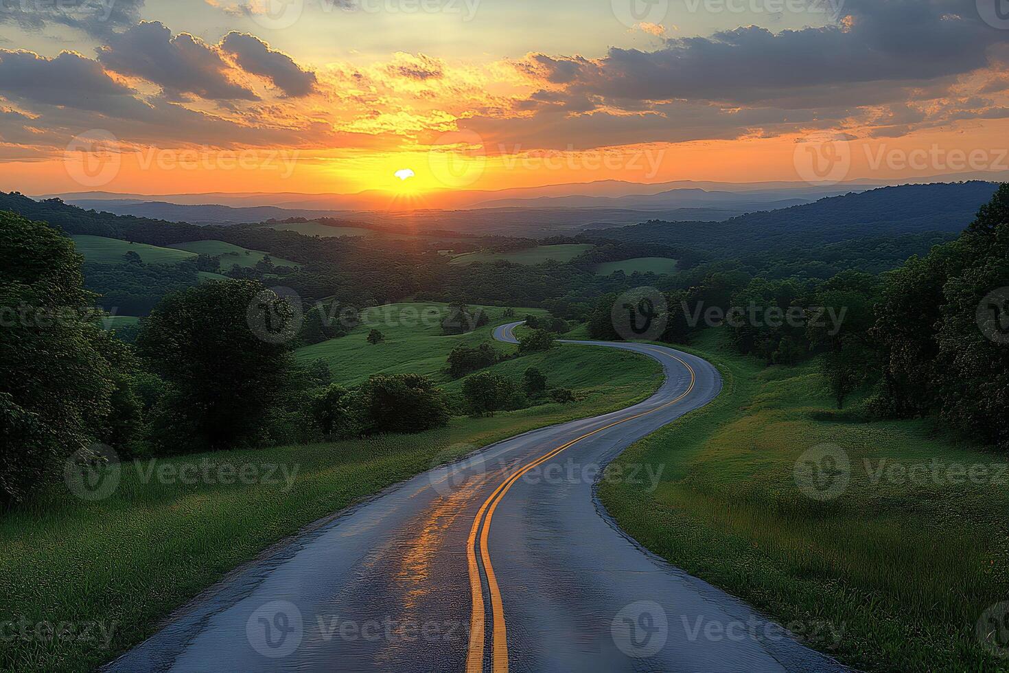 Scenic Winding Country Road at Sunset for Tranquil Travel and Landscape Art photo
