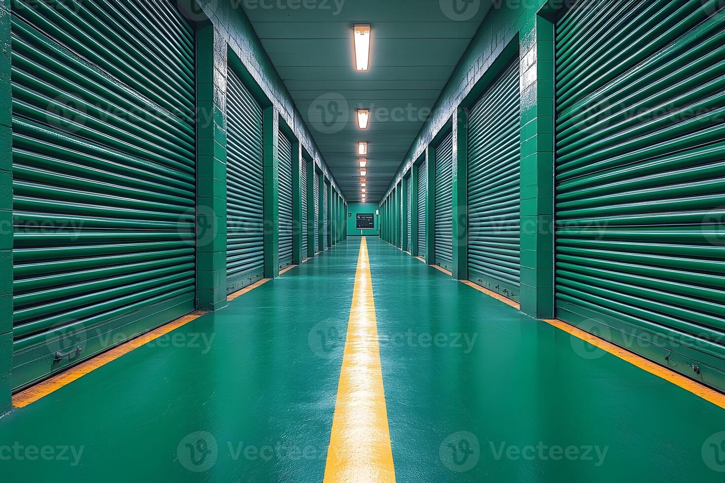 Industrial Storage Facility with Green Roll-Up Doors and Yellow Midline for Garage Design Inspiration photo