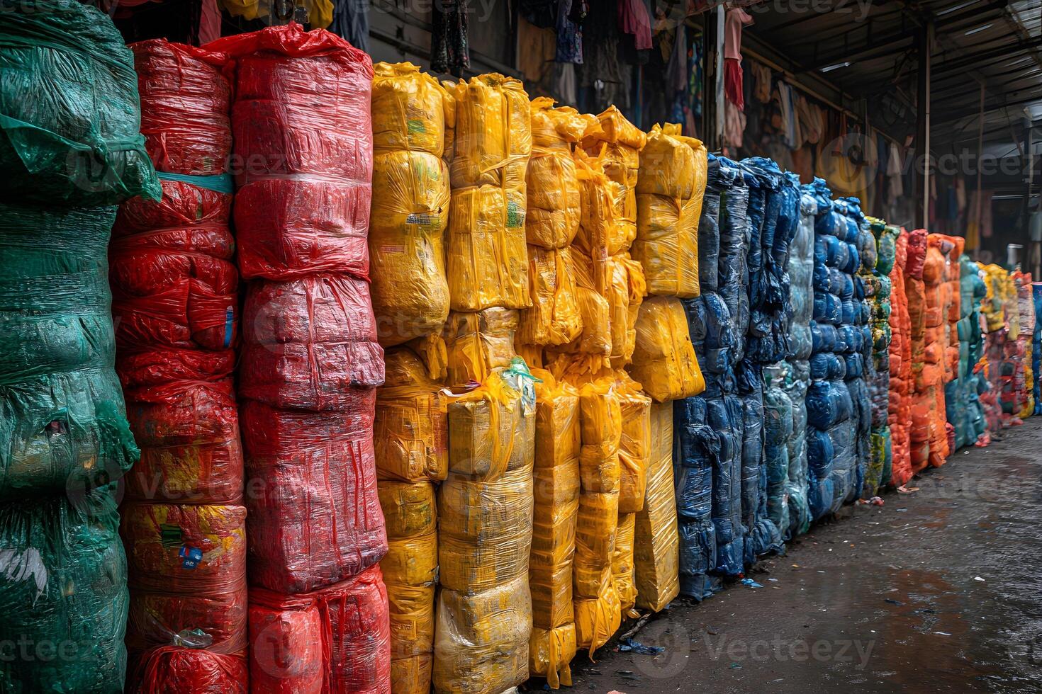 Stacked Bales of Colorful Fabric in Industrial Warehouse for Recycling and Textile Processing photo