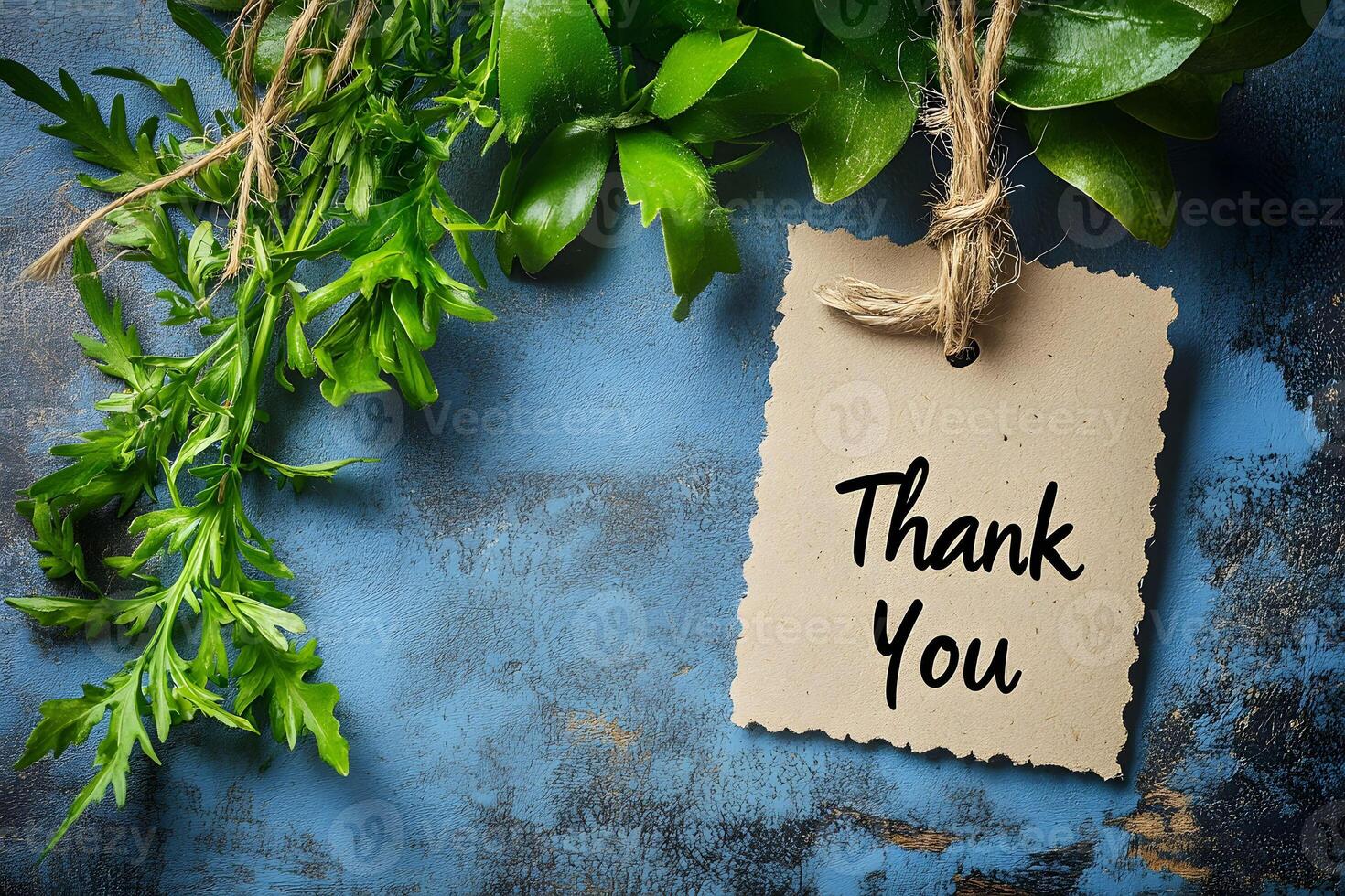 Thank You Card Design with Rustic Leaves and Twine on Blue Background photo