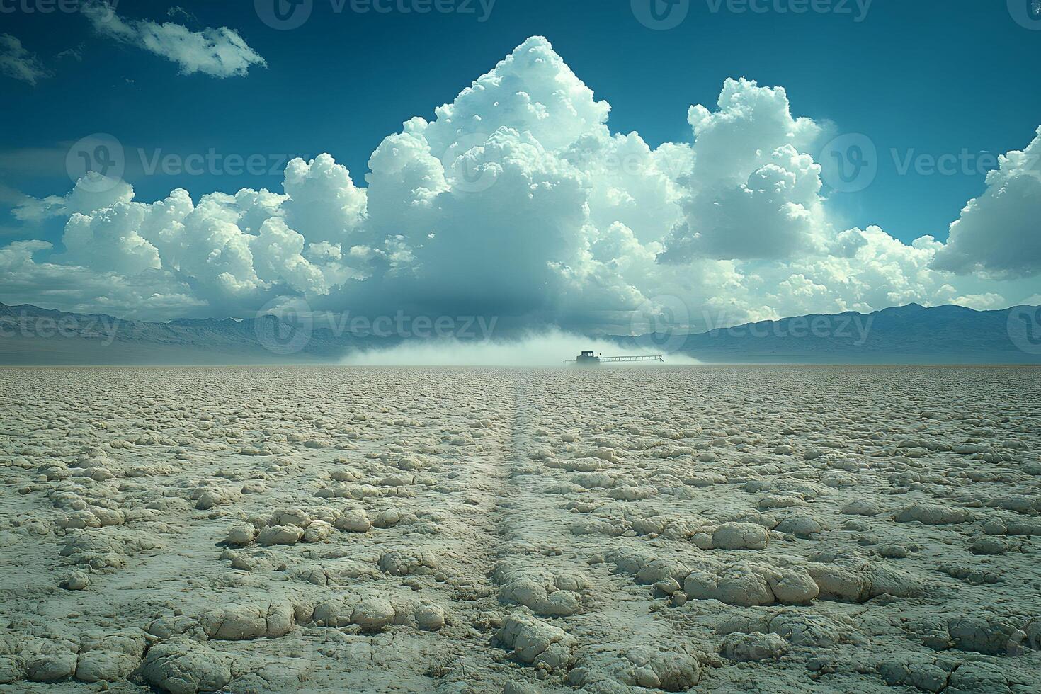 Desert Exploration Under Dramatic Clouds in Remote Arid Landscape photo