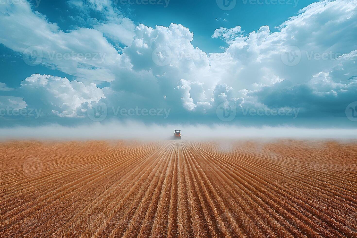 Majestic Wheat Field with Tractor Under Dramatic Sky for Agriculture Design photo