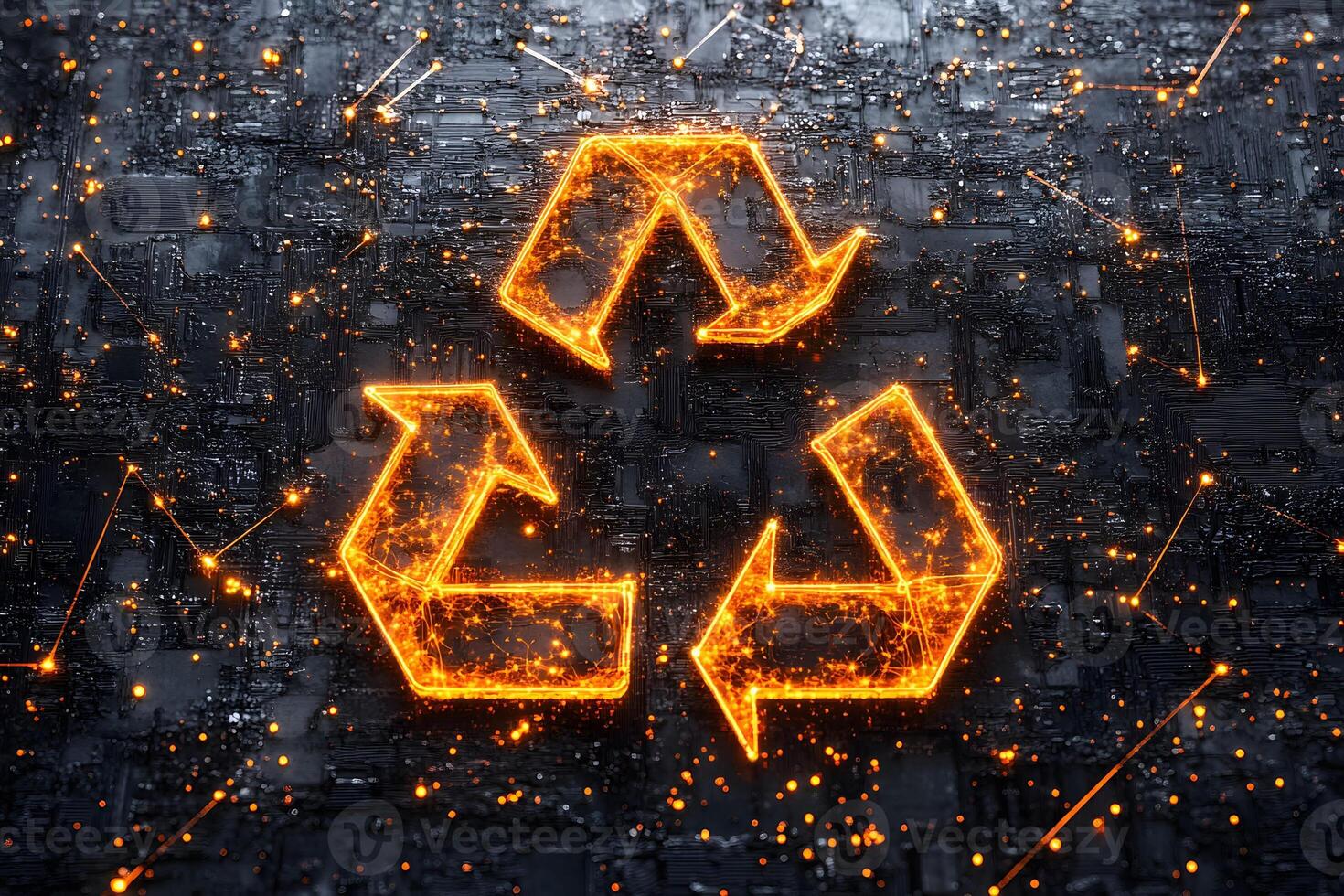Glowing Digital Recycling Symbol on Futuristic Circuit Board for Eco-Tech Design photo