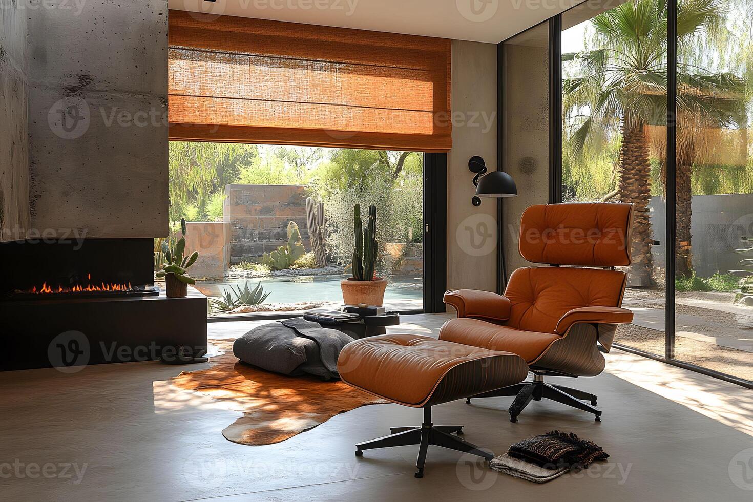 Modern Luxury Living Room with Leather Chair and Scenic Pool View photo
