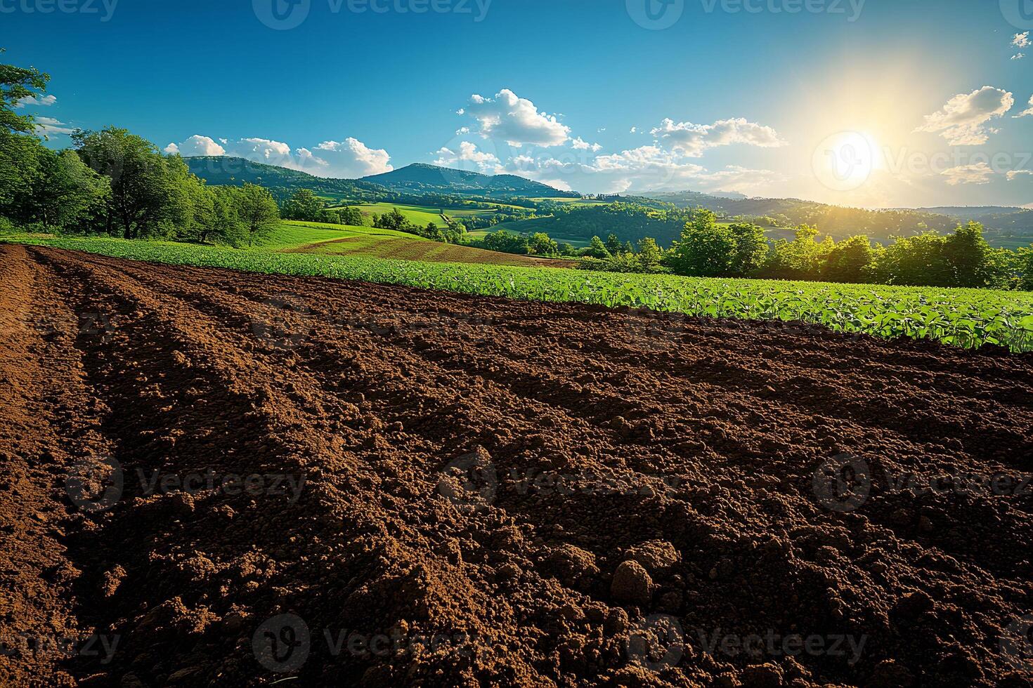 Serene Sunset over Verdant Rural Fields with Rolling Hills and Distant Mountains photo