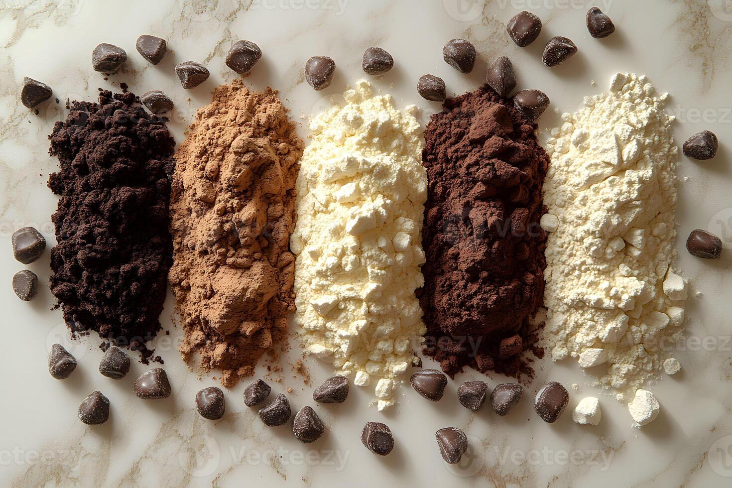 Assortment of Chocolate and Vanilla Baking Powders with Chips on Marble Surface photo