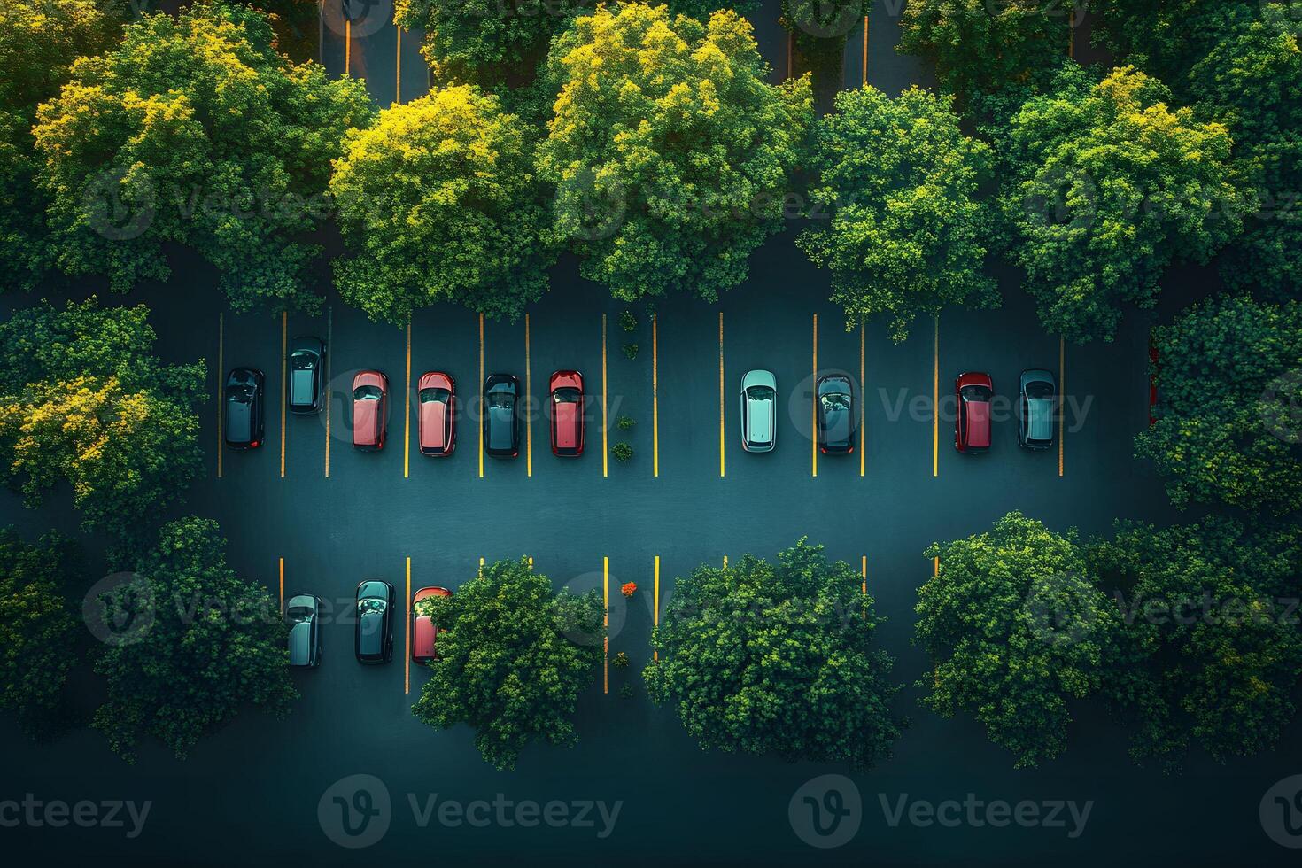 Aerial View of Tree-Lined Parking Lot with Colorful Cars photo