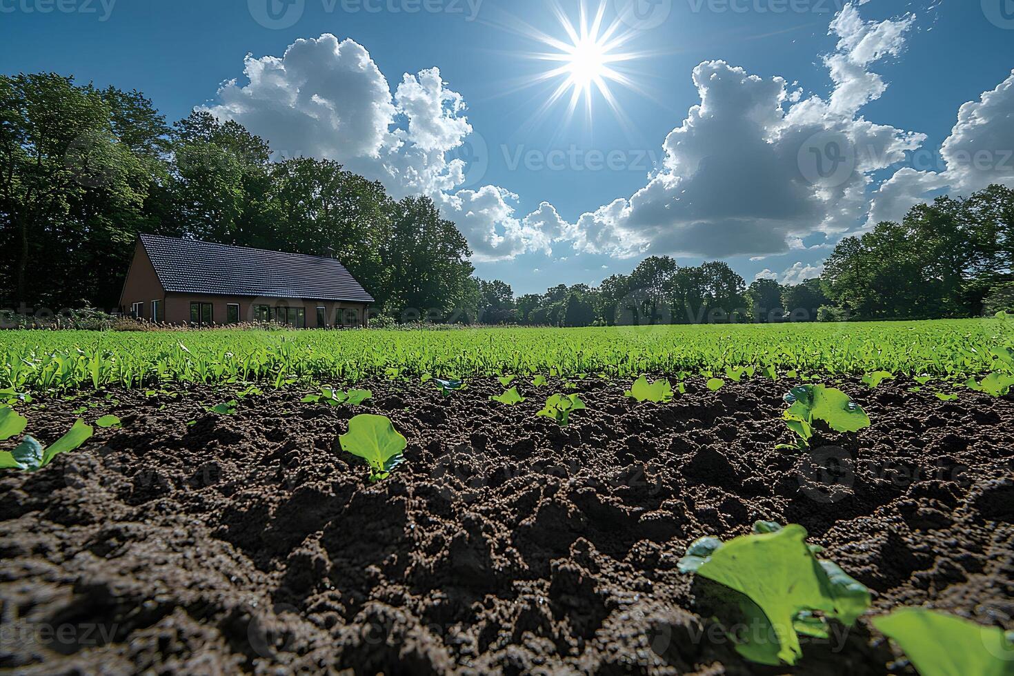 Rural Landscape with Vibrant Green Field and Cottage under Bright Sunlight photo