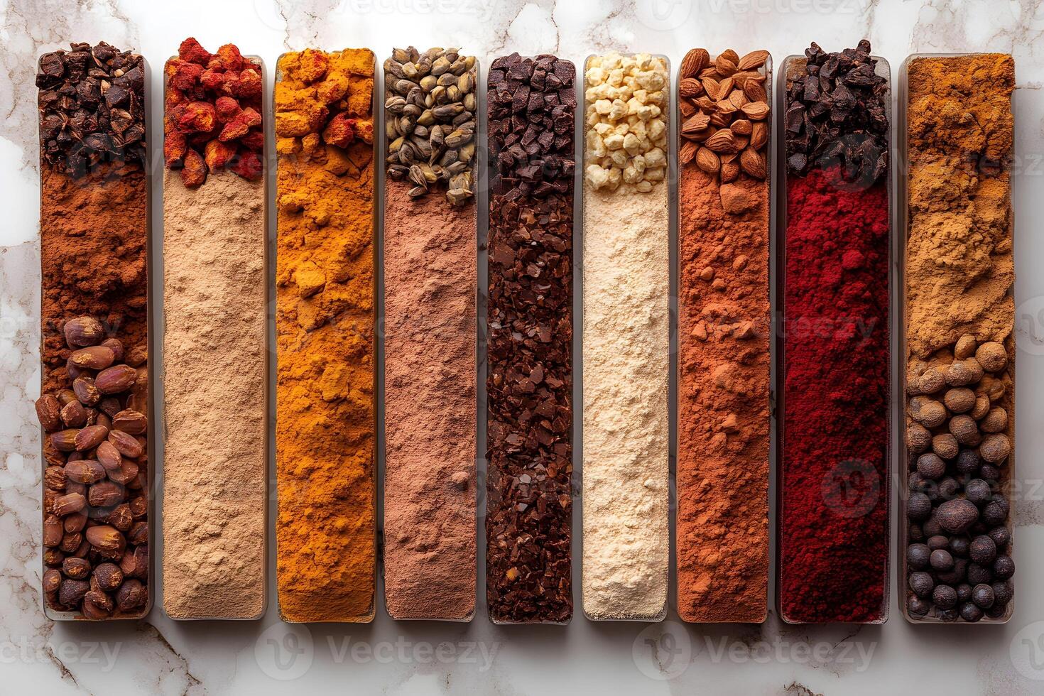 Assorted Aromatic Spices in Clean Lines on Marble for Culinary Design photo