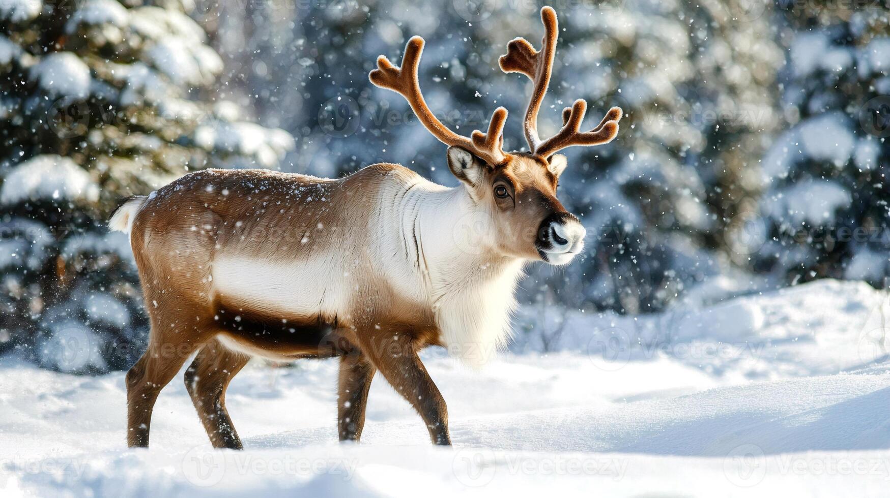 Reindeer walking in snowy forest during light snowfall photo