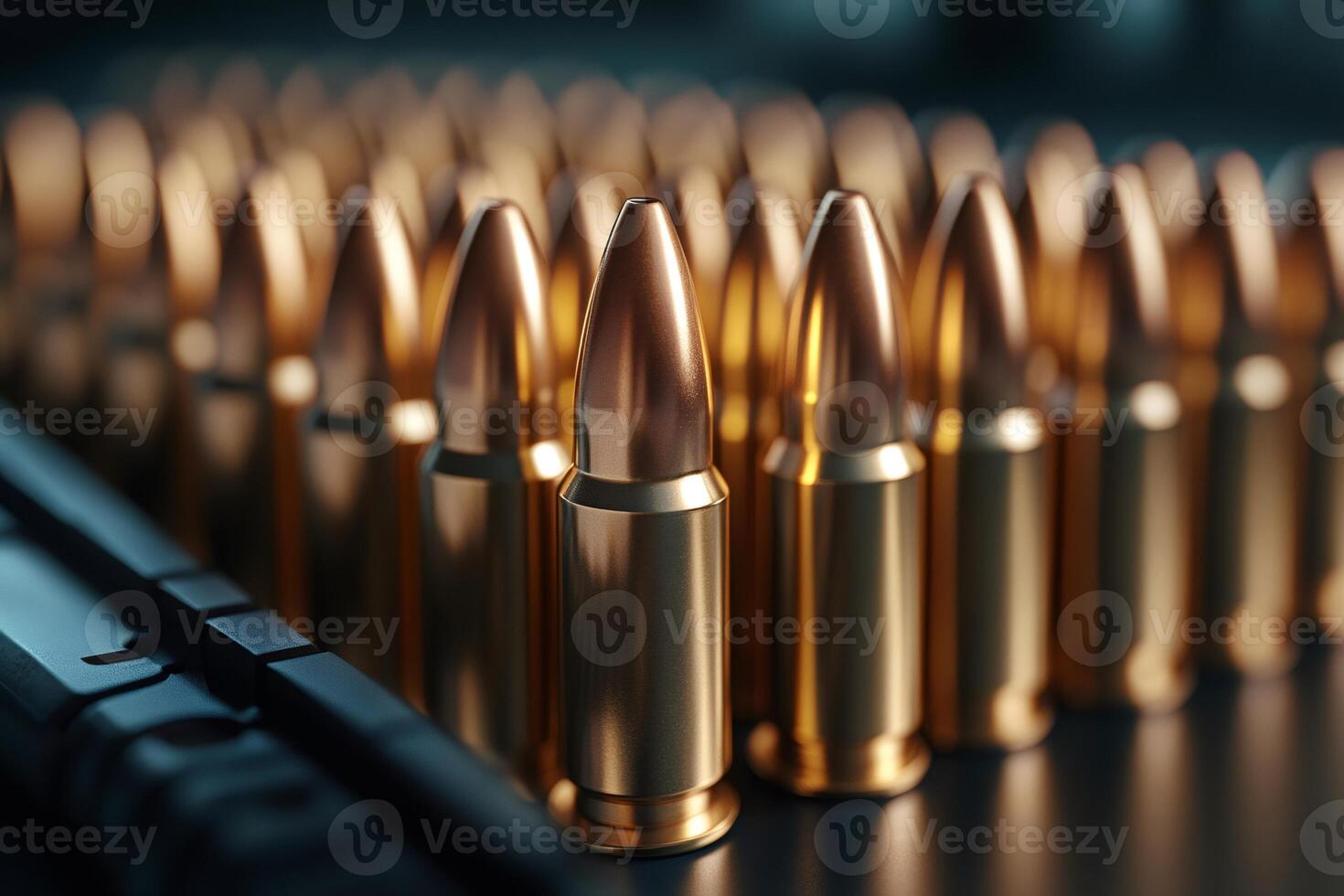 Rows of 9mm bullets forming a wall of shiny metal photo