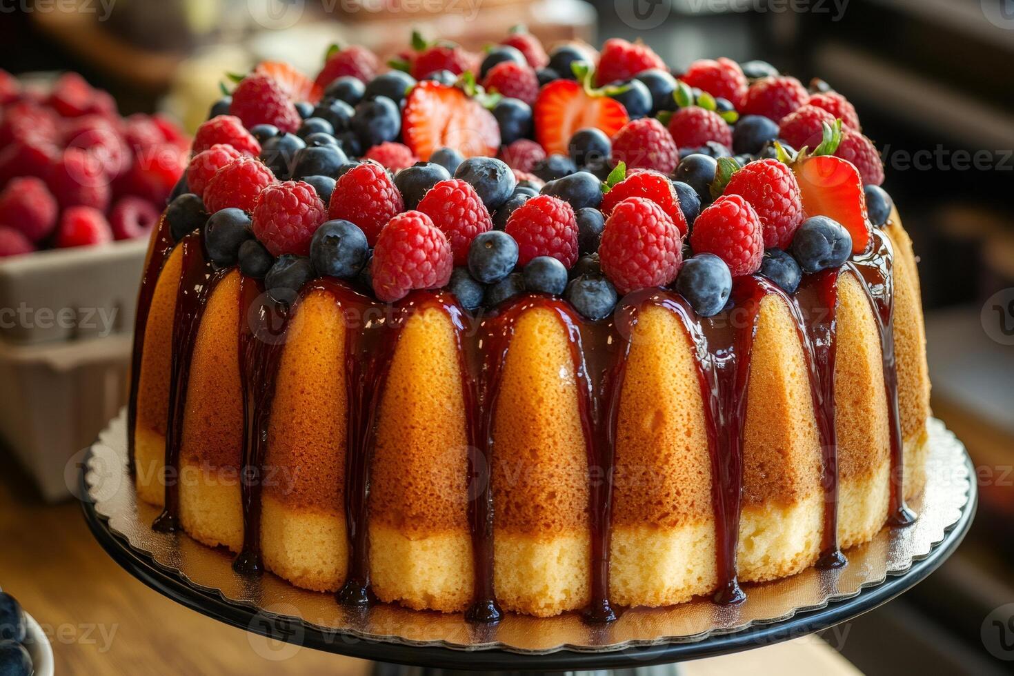 Delicious bundt cake drizzled with chocolate and topped with fresh berries photo