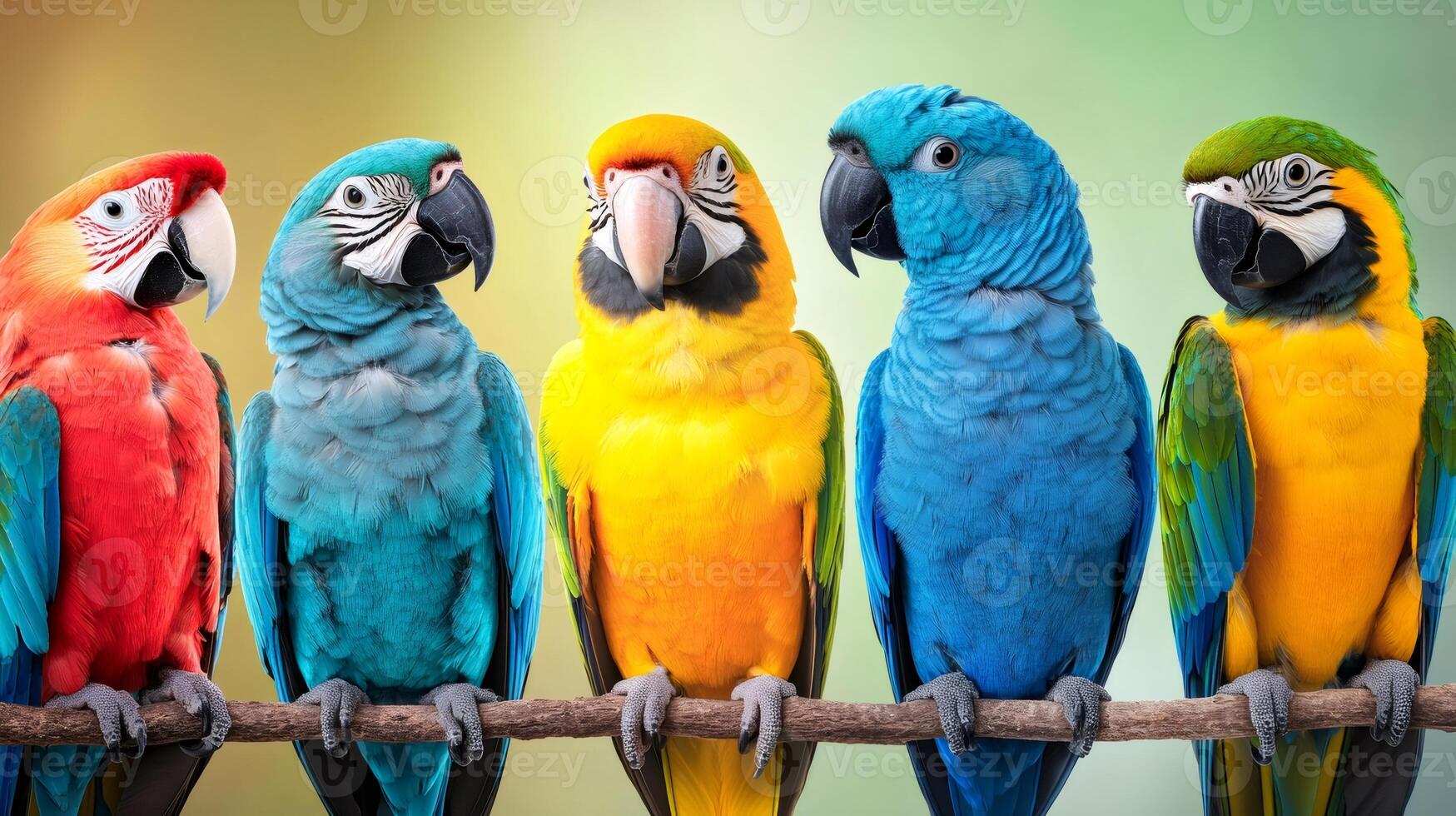 Five colorful macaws perching on a branch photo