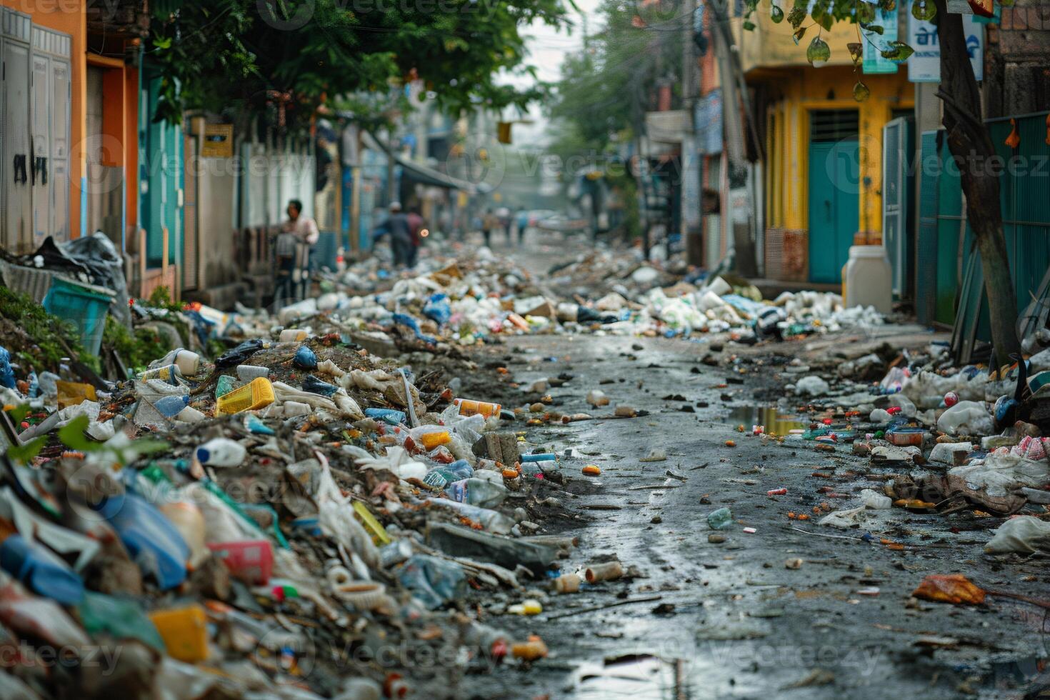 Plastic waste polluting the street of a third world country photo